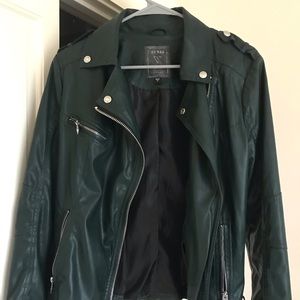 Green faux leather jacket.
